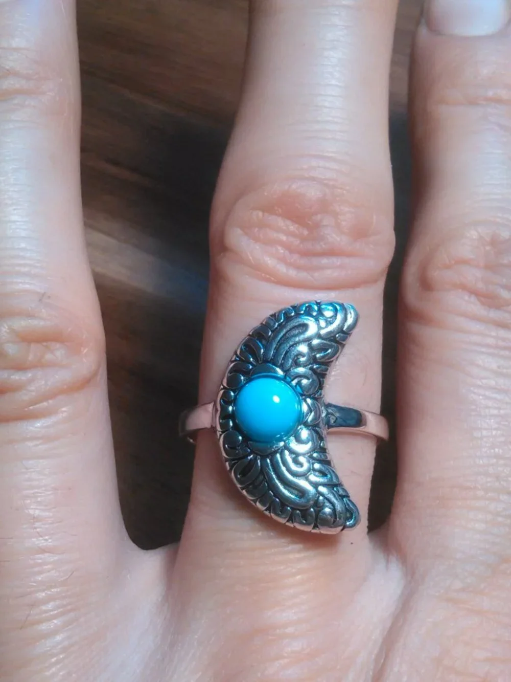 Southwestern Sleeping Beauty Turquoise Sterling Silver Moon Ring (Size 9.75)
